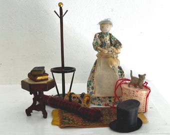 Vintage Miniature Doll: Dollhouse Accessories, Coat Rack, Hat Box, Books/Bible, Toys