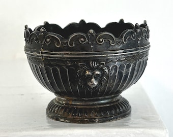 Antique Silver Plate Salt Cellar: Lion Head, Cartouche, Trinket Dish, Miniature Punch Bowl