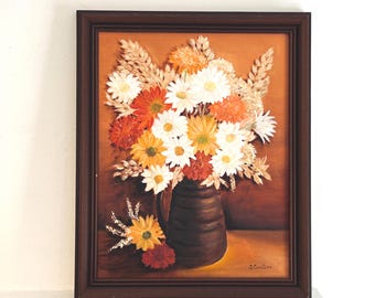 Vintage Original Oil Painting: Floral Still Life, Fall Autumn, Artist Signed, Country Farmhouse
