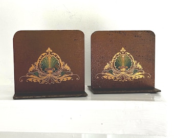 Antique Art Nouveau Bookends: Gold and Turquoise, Shell Design, Painted Stencil, Ornate