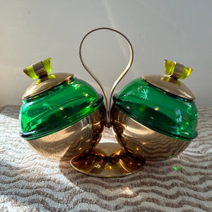 Vintage Paden Glass Co. Atomic Relish Dish Brass and Emerald Glo Pattern w/ Green Glass Starbursts and Bakelite Handles Art Deco Design