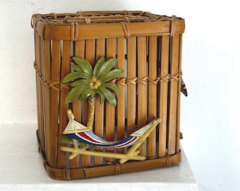 Vintage Tissue Box Cover: Bamboo, Tropical, Beach House Decor, Square Cube