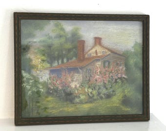 Vintage Original Farmhouse Picture: Oil Pastel, English Country Garden, Spring Flowers, Cottagecore