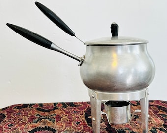 RARE Complete Set of Vintage Fondue Warming Pot by Puralum Italy Includes Ladle and Warming Stand Mid Century Atomic