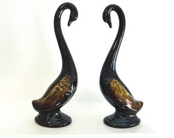 Vintage Swan Figurines: Redware Pottery, Brown Drip Glaze, Enesco