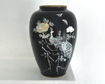 Vintage Peacock Brass Vase: Mother of Pearl, Abalone Shell, Black Lacquer