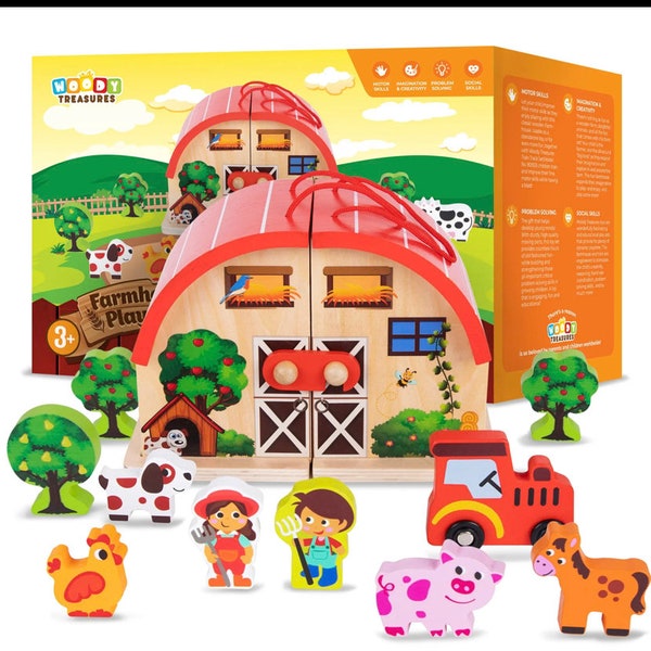 Wooden Farm House Play Set - Gift for Girls, Gift for Boys, Toddlers, Pre-School Play, Farm Animals Included.