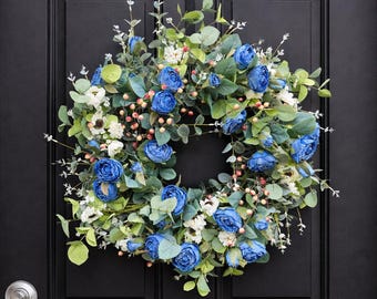 26” Blue Floral Wreath for Front Door, Handmade Silk Flower Wreath, Spring Summer Door Decor, Farmhouse Wall Wreath, Everyday Home Decoratio