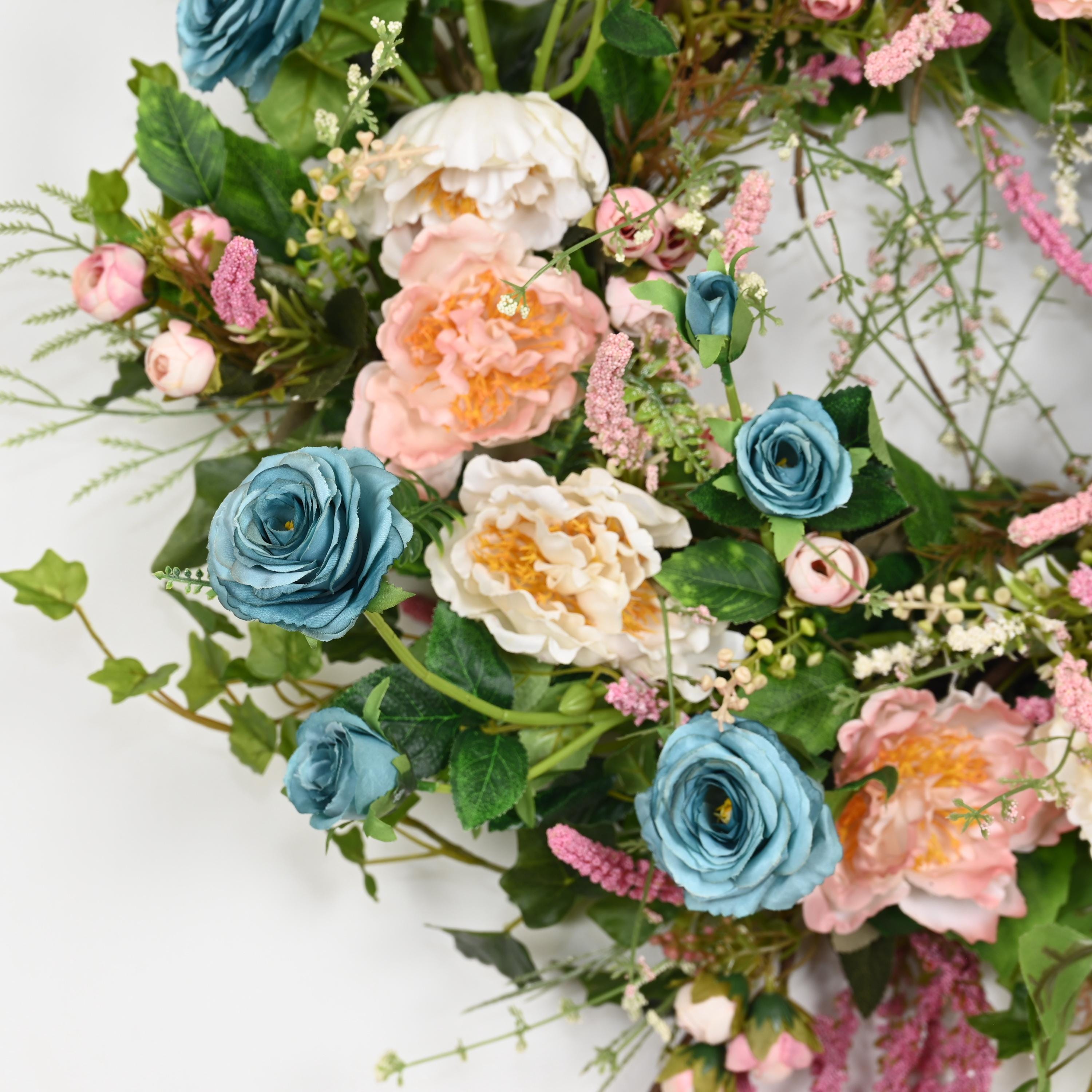 26 Inch Spring Floral Wreath, Blue Peony Rose Door Decor, Romantic ...