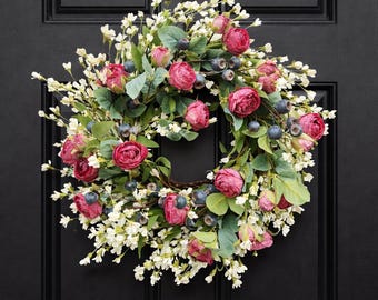 24-calowy wianek z różowych piwonii, kwiaty z jedwabiu i papieru ekologicznego, dekoracja drzwi w stylu wiejskim