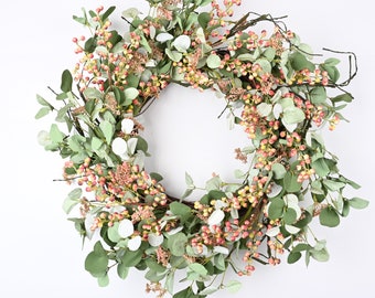 Couronne de printemps pour porte d'entrée Couronne d'eucalyptus aux baies de tous les jours Couronne sèche Cadeau de pendaison de crémaillère - Idées cadeaux