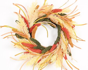 24” Pampas Grass Fall Wreath for Front Door, Neutral Autumn Harvest Wreath, Rustic Farmhouse Thanksgiving Door Decor, Artificial Dried Grass
