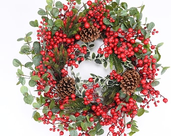 front door wreath Farmhouse Winter Red Berry Wreath Winter Berry Wreath  Artificial Wreath Eucalyptus Wreath Gift 24" Wreath