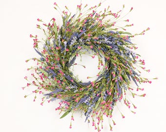 24 Inch Spring Pink Wildflower Lavender Wreath, Large Greenery Floral Front Door Wreath, Summer Farmhouse Decor