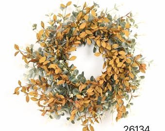 Corona de eucalipto dorado de 66 cm (26 pulgadas) – Corona grande para puerta principal de estilo rústico con flores blancas