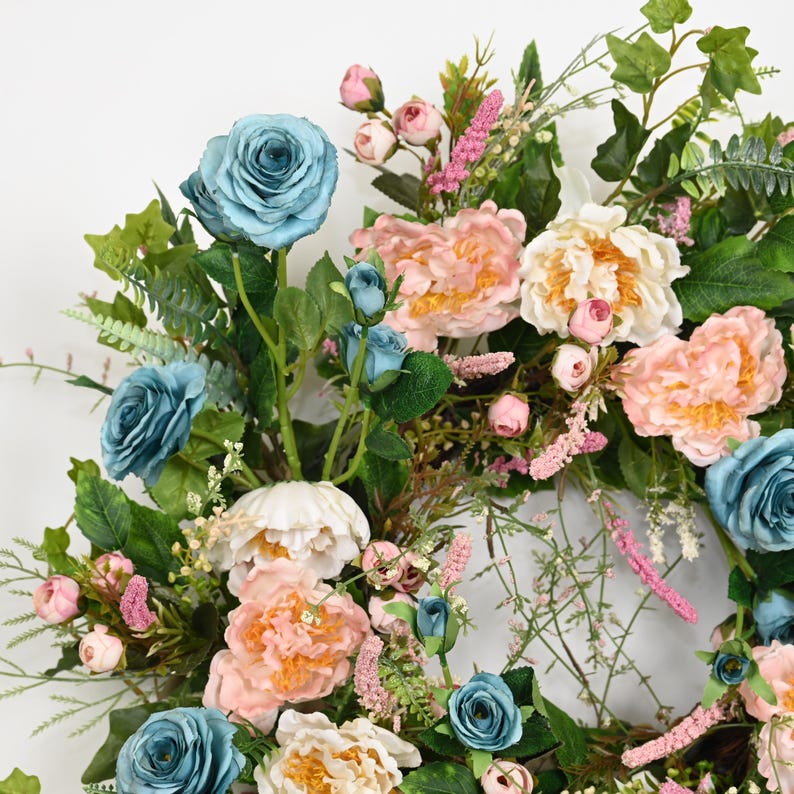 26 Inch Spring Floral Wreath, Blue Peony Rose Door Decor, Romantic ...
