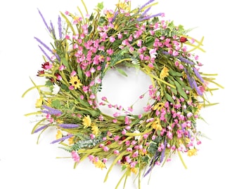28" Spring Summer Wreath, Silk Paper Wildflower Daisy Lavender, Farmhouse Door Decoration