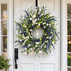 24 Inch Blue White Spring Wreath, Wildflower Lavender Farmhouse Door Decor