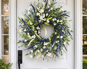 24 Inch Blue White Spring Wreath, Wildflower Lavender Farmhouse Door Decor