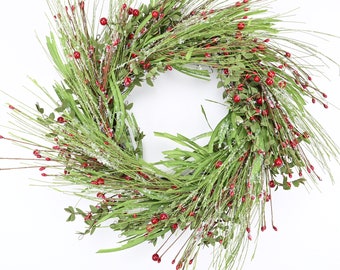 front door wreath Farmhouse Winter Red Berry Wreath Winter Berry Wreath  Artificial Wreath Eucalyptus Wreath Gift 24" Wreath