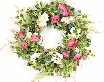 26" Red Rose & White Hydrangea Wreath | Farmhouse Door Decor