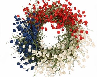 Ghirlanda patriottica fatta a mano, eucalipto rosso, bianco e blu, 24 pollici