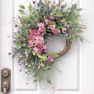 Handmade Spring Floral Wreath, Pink & Blue Wildflowers, Farmhouse Door Decor