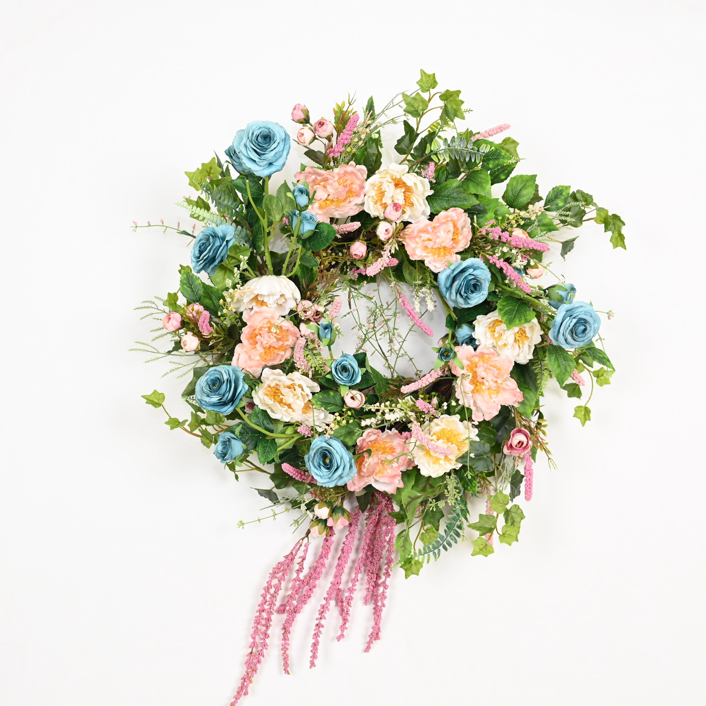 26 Inch Spring Floral Wreath, Blue Peony Rose Door Decor, Romantic ...