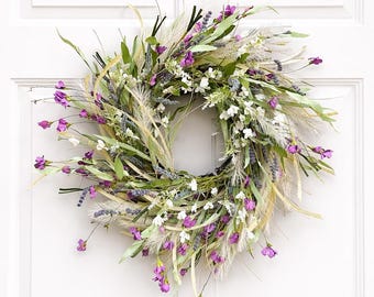 Corona de flores silvestres de primavera de 60 cm, decoración floral de lavanda y follaje para puerta