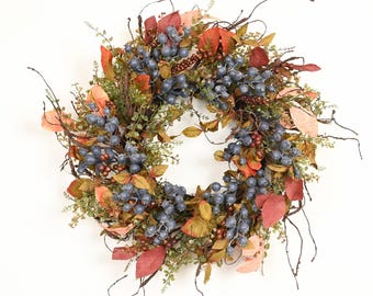 24” Fall Berry Wreath for Front Door, Cream Berry Autumn Wreath, Rustic Harvest Grapevine Wreath, Farmhouse Thanksgiving Decor, Fall Door De