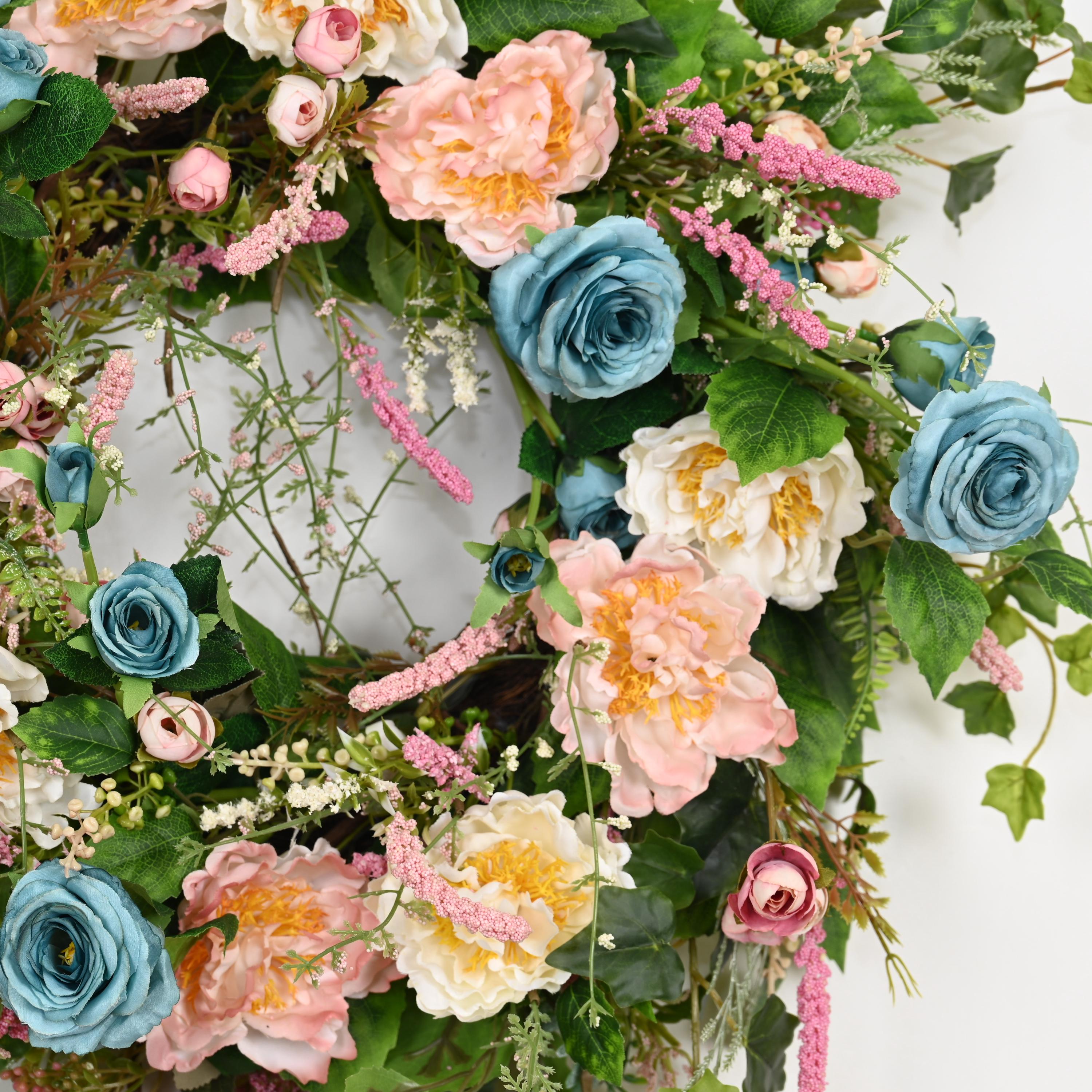 26 Inch Spring Floral Wreath, Blue Peony Rose Door Decor, Romantic ...