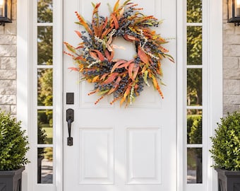 Corona de otoño de 60 cm para la puerta principal, corona de arándanos y hojas naranjas, corona de otoño hecha a mano, decoración de puerta para la cosecha de Acción de Gracias.