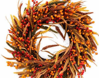 56 cm herfstkrans met bessen, oranje-rode herfstkrans, rustieke oogstdecoratie voor de voordeur, Thanksgiving boerderij muurdecoratie