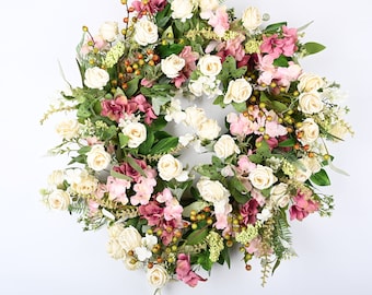 26 Inch Spring Every day front door Hydrangea Rose Lavender grape vine  welcome wreath weddings