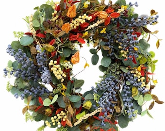24 Inch Fall Wreath, Blue Berry and Eucalyptus Wreath, Autumn Front Door Decor, Rustic Thanksgiving Harvest Farmhouse Wreath