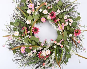 Grapevine front door Everyday wreath spring Wreath daisy Eucalyptus  Wreath Gift 22"
