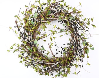 Couronne printanière de porte d'entrée, tous les jours, branche sèche, myrtille, branches de bouleau artificielles, bougie, couronne d'anneaux, cadeau d'eucalyptus, 24 po.