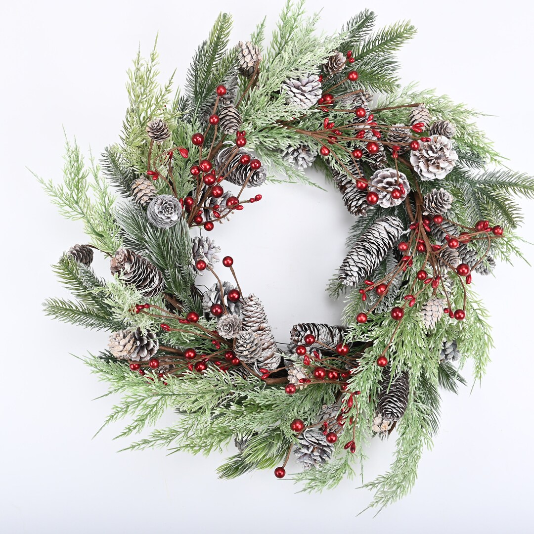 クリスマスリース、26インチ レッド/ホワイト 玄関用ホリデーリース