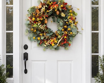 24” Fall Wreath with Yellow Berries, Eucalyptus Leaves & Autumn Foliage, Handmade Front Door Thanksgiving Decor