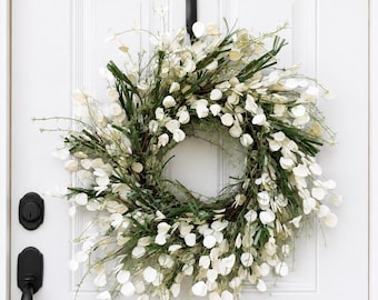 24-inch witte krans met wilde bloemen en groen voor voordeur, handgemaakte lente-zomerkrans, boerderij dagelijks deurdecor, neutrale bloemenkrans