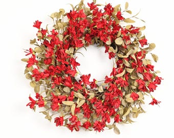 24” Red Floral Artificial Wreath, Silk Flower Front Door Wreath, Farmhouse Spring Summer Wreath, Everyday Wall Decor, Red Flower Wreath for