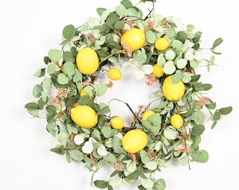 Corona de limones de 55 cm, decoración de puerta de verano de estilo rústico con eucalipto