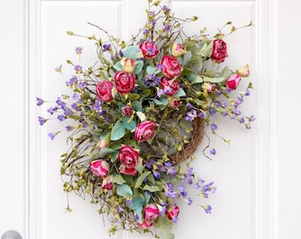 24” Pink Rose Spring Wreath, Silk Flower Grapevine Wreath, Farmhouse Front Door Decor, Everyday Floral Wreath, Mother’s Day Gift