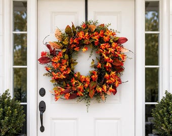 Corona floral naranja de otoño de 24”, corona artificial para puerta principal de otoño, corona de flores de seda, decoración rústica de Acción de Gracias, decoración de pared para interiores y exteriores.