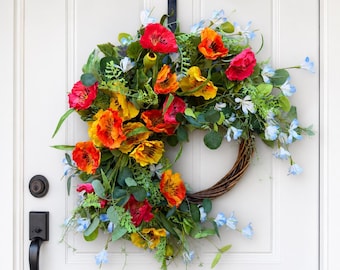 Corona de amapolas de 66 cm, colorida decoración floral para puerta, rojo, amarillo y naranja, estilo rústico, verano y primavera.