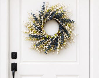 22” Blue Berry & White Wildflower Wreath, Front Door Wreath, Farmhouse Wreath, Spring Summer Wreath, Everyday Wreath, Rustic Home Decor