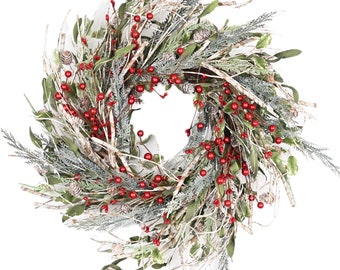 front door wreath Farmhouse Winter Red Berry Wreath Winter Berry Wreath  Artificial birch branches Wreath Eucalyptus Wreath Gift 22&quot; Wreath
