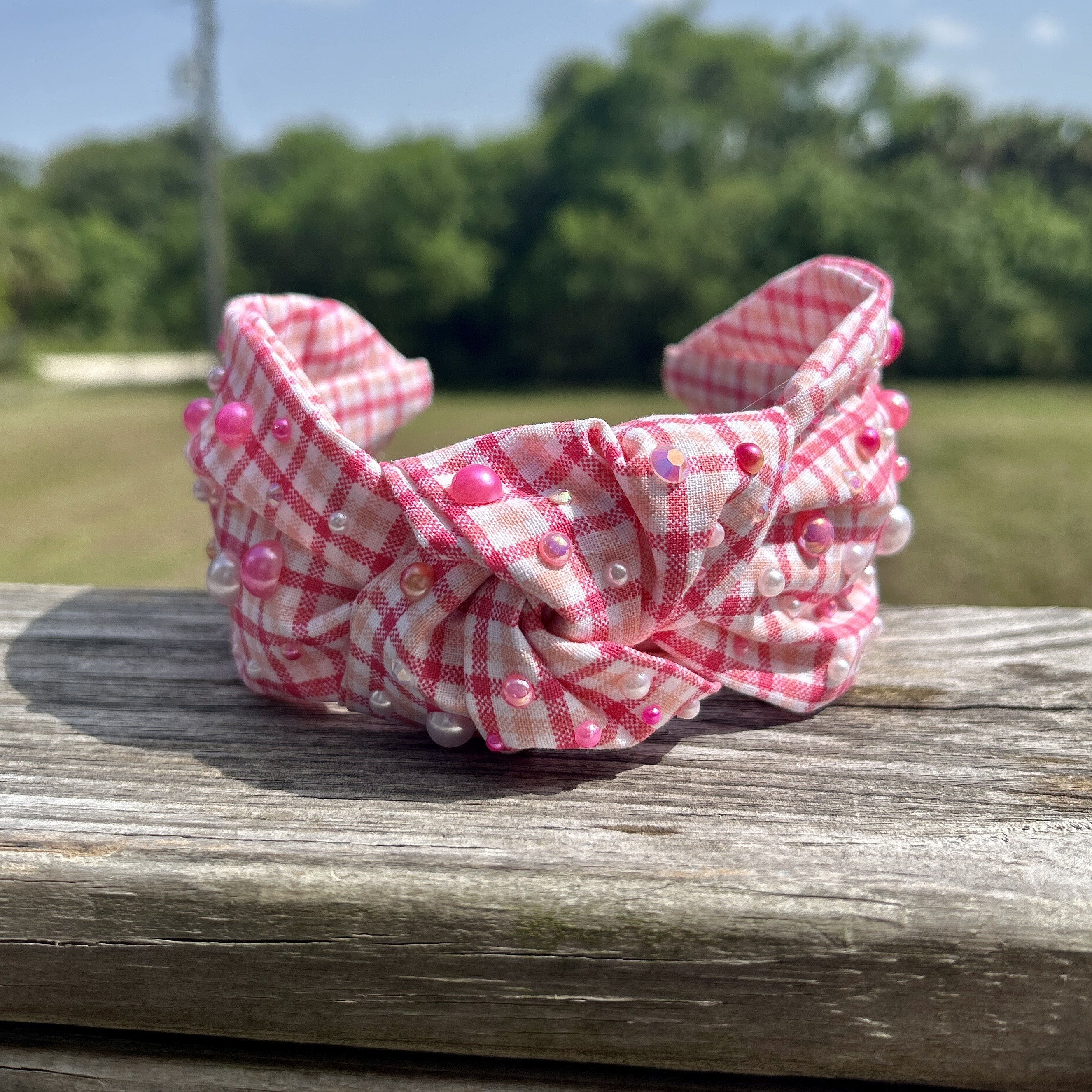 Pink Plaid Top Knot Headband, Embellished Hair Piece  display picture 2