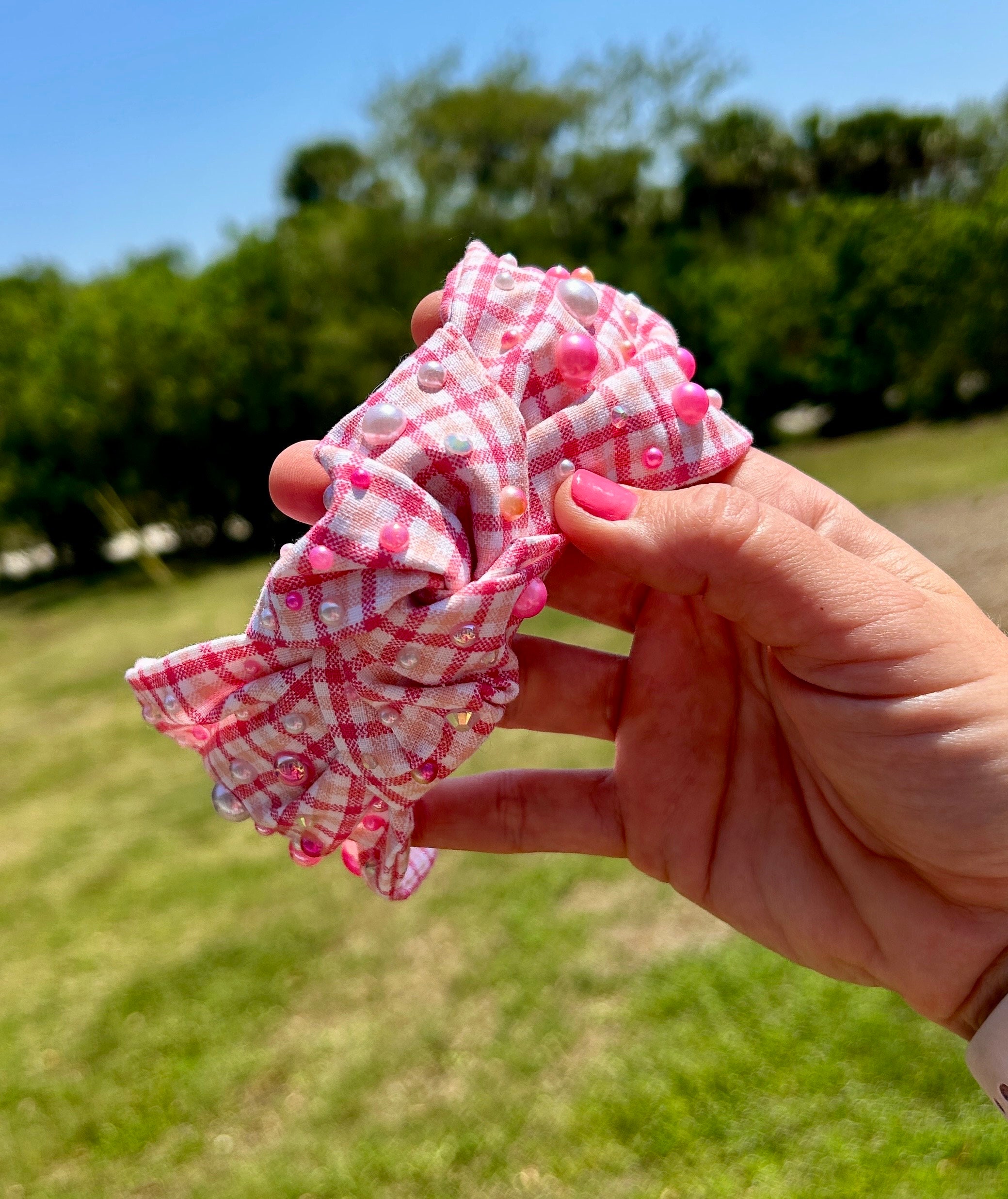 Luxury Pink & Beige Plaid Knotted Fashion Headband Pink Plaid Top Knot Headband, Embellished Hair Piece  main image 2