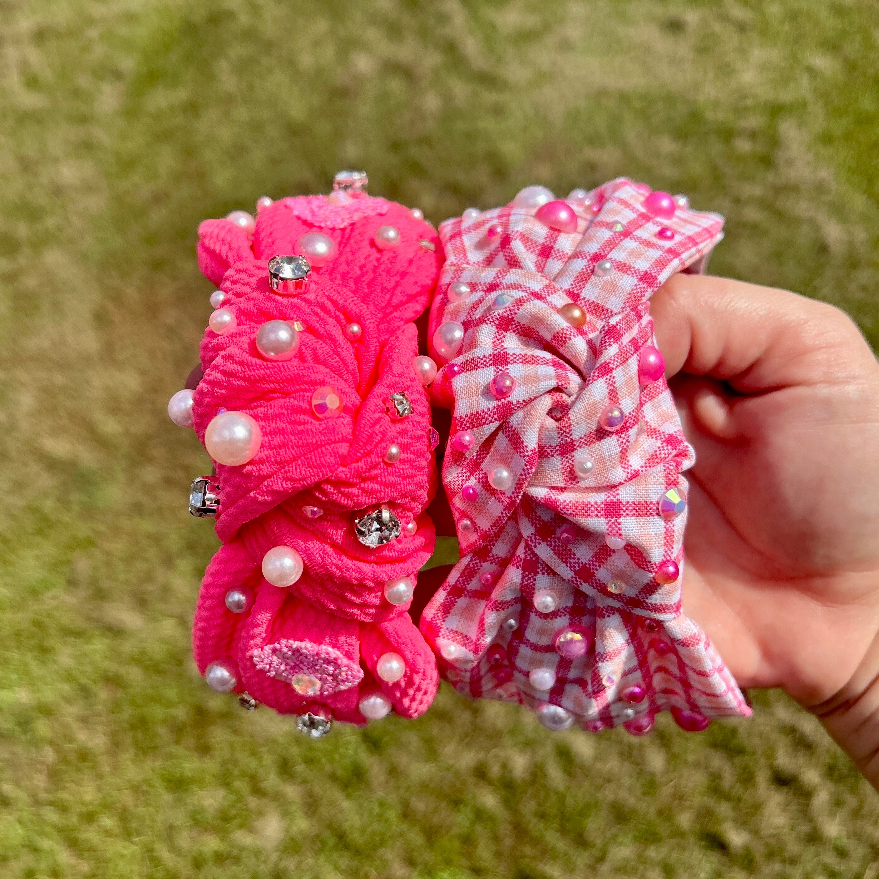 Pink Plaid Top Knot Headband, Embellished Hair Piece 